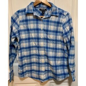 Lands End Plaid Flannel Shirt Womens 4P Blue White Long Sleeve Button Up Cotton